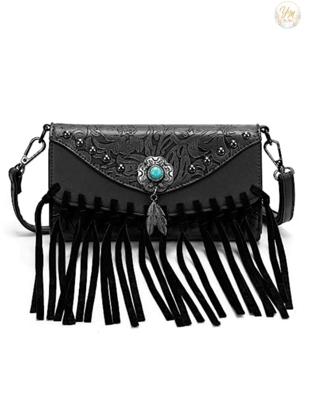 Fringe Crossbody Bag Vegan Leather Studded Western Purse Card Slots